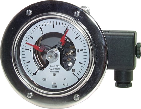 Manómetro de contacto horizontal Ø 100, 160 mm, aço inoxidável - latão, Classe 1 0