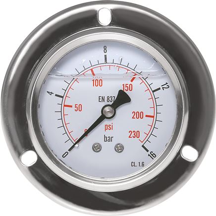 Medidor de pressão embutido de glicerina com um grande anel frontal Ø 63, 100 mm, aço inoxidável - latão, Eco-Line
