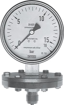 Manómetro de mola de chapa Ø 100 mm, aço inoxidável - produto químico, classe 1,6