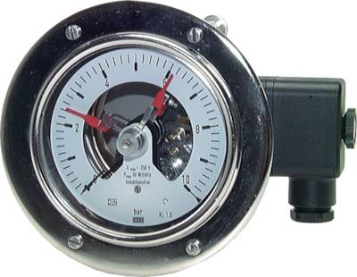 Manómetro de contacto, vertical, Ø 100, 160 mm, de níquel-cromo, classe 1,0 - 2,5